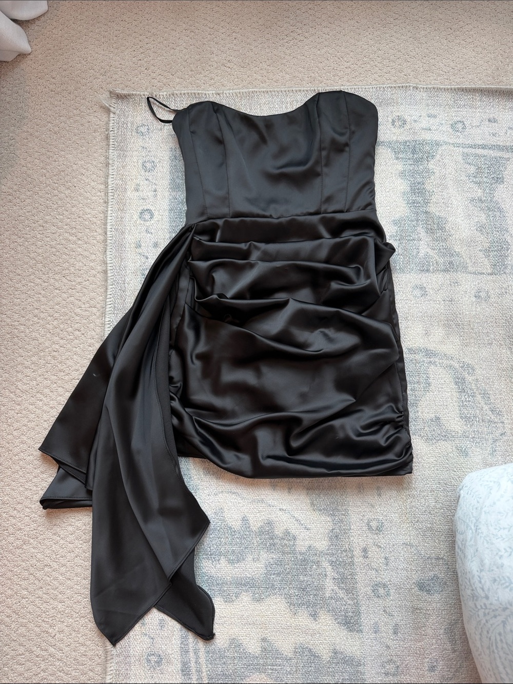 Aqua Black Strapless Satin Ruched Mini Dress with Draped Sash